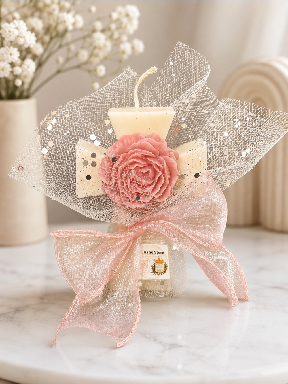 L’Ashé Store Pink Floral Decorative Candle